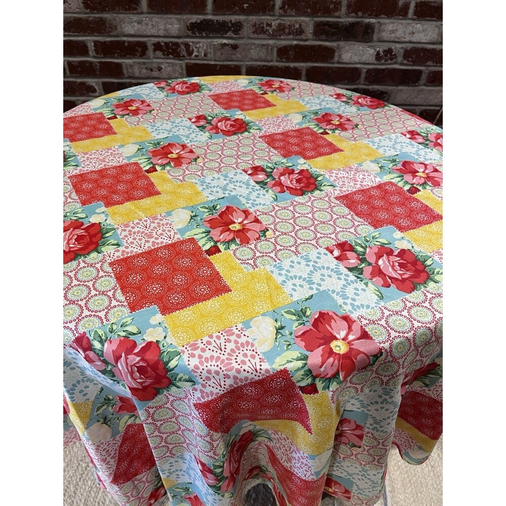 Pioneer Woman Round Tablecloth 70" Roses Floral Patchwork Red Prairie Cottage